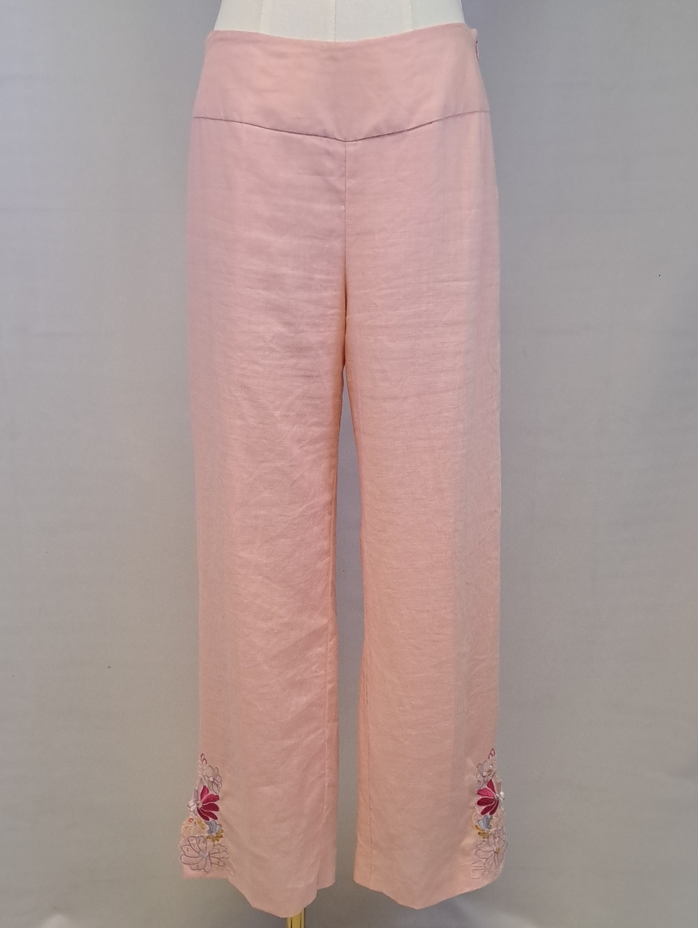 VTG ​Coquette Pastel Pink Linen Wide Leg Floral Embroidered Crop Pants Size 6